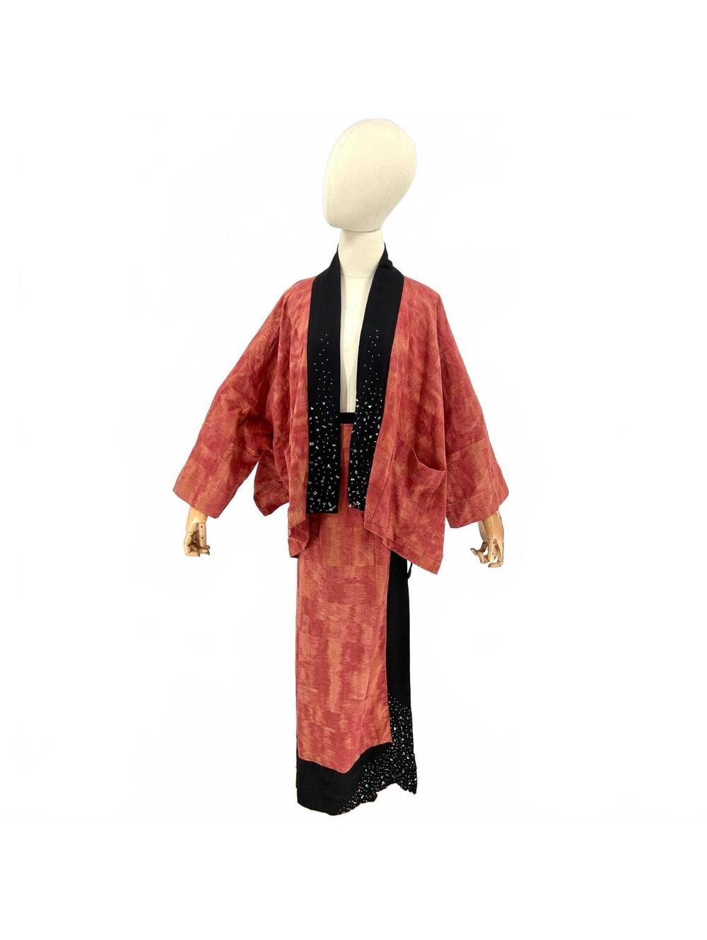 Vintage 90s Thai Cotton Bejeweled Kimono Wrap Skirt Set